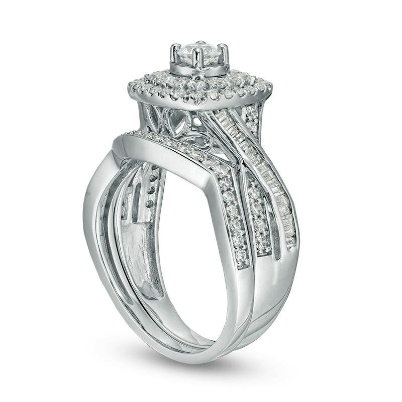 1.0 CT. T.W. Natural Diamond Double Cushion Frame Bridal Engagement Ring Set in Solid 10K White Gold