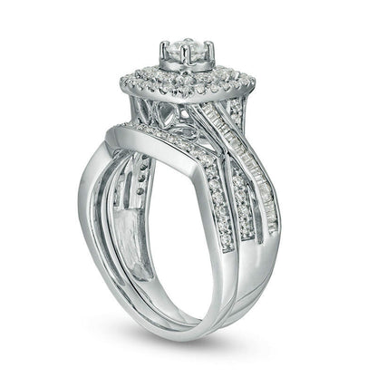 1.0 CT. T.W. Natural Diamond Double Cushion Frame Bridal Engagement Ring Set in Solid 10K White Gold