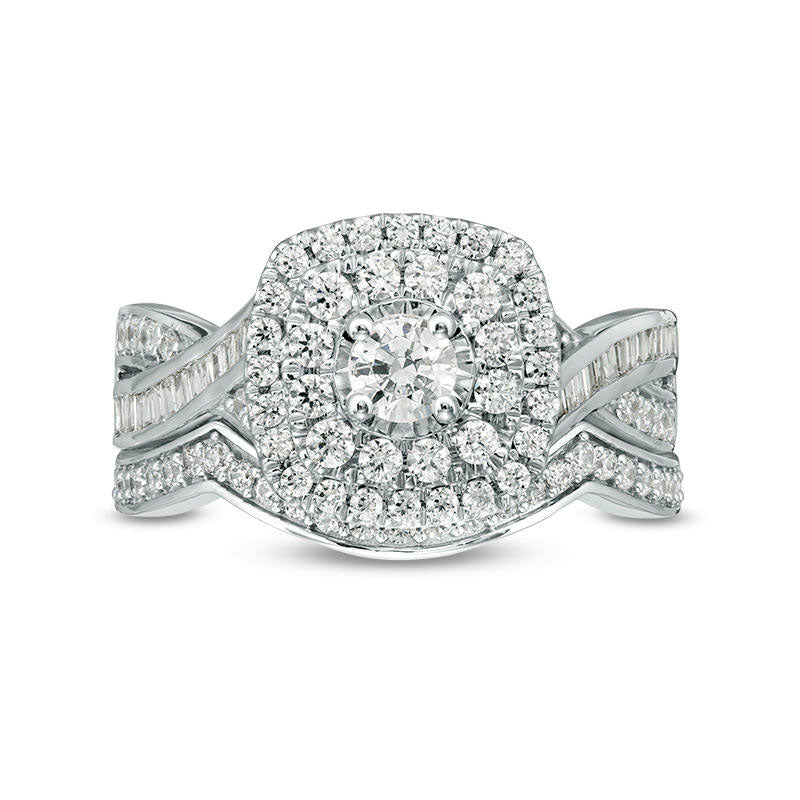 1.0 CT. T.W. Natural Diamond Double Cushion Frame Bridal Engagement Ring Set in Solid 10K White Gold