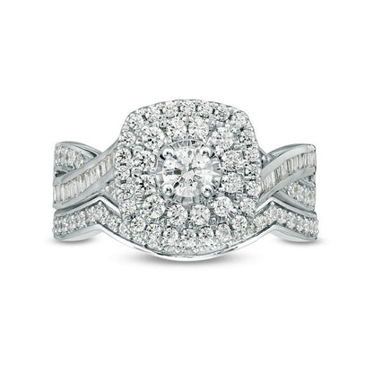 1.0 CT. T.W. Natural Diamond Double Cushion Frame Bridal Engagement Ring Set in Solid 10K White Gold