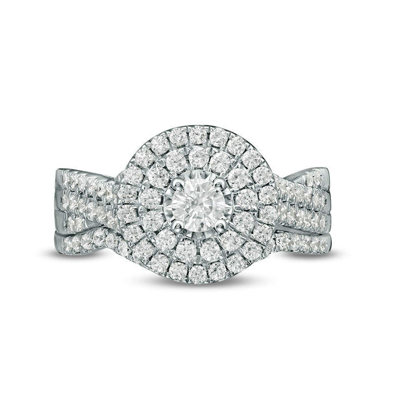 1.0 CT. T.W. Natural Diamond Double Frame Bridal Engagement Ring Set in Solid 10K White Gold