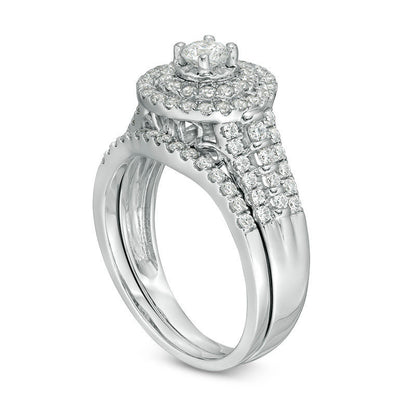 1.0 CT. T.W. Natural Diamond Double Frame Bridal Engagement Ring Set in Solid 10K White Gold