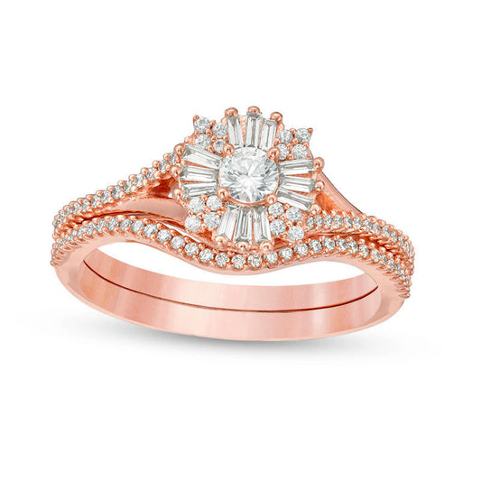 0.63 CT. T.W. Baguette and Round Natural Diamond Frame Bridal Engagement Ring Set in Solid 10K Rose Gold