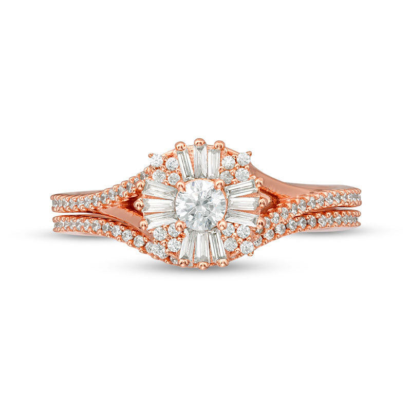 0.63 CT. T.W. Baguette and Round Natural Diamond Frame Bridal Engagement Ring Set in Solid 10K Rose Gold