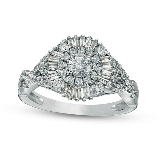 1.0 CT. T.W. Baguette and Round Natural Diamond Sunburst Frame Tri-Sides Engagement Ring in Solid 14K White Gold