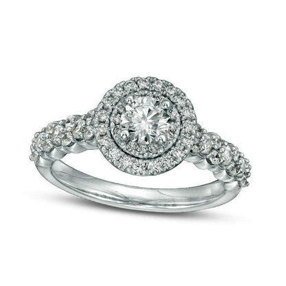 1.0 CT. T.W. Natural Diamond Double Frame Engagement Ring in Solid 18K White Gold (I/SI2)