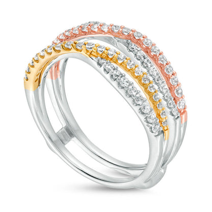 0.63 CT. T.W. Natural Clarity Enhanced Diamond Criss-Cross Split Shank Ring Solitaire Enhancer in Solid 14K Tri-Tone Gold