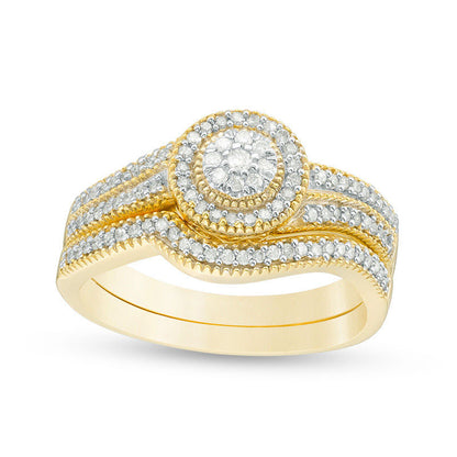 0.33 CT. T.W. Composite Natural Diamond Frame Milgrain Bridal Engagement Ring Set in Solid 10K Yellow Gold