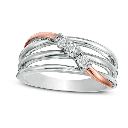 Natural Diamond Accent Three Stone Wave Crossover Open Multi-Row Ring in Sterling Silver and Solid 10K Rose Gold