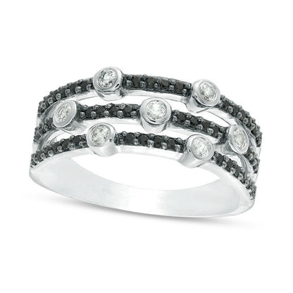 0.38 CT. T.W. Enhanced Black and White Natural Diamond Bezel-Set Station Multi-Row Stacked Ring in Solid 10K White Gold