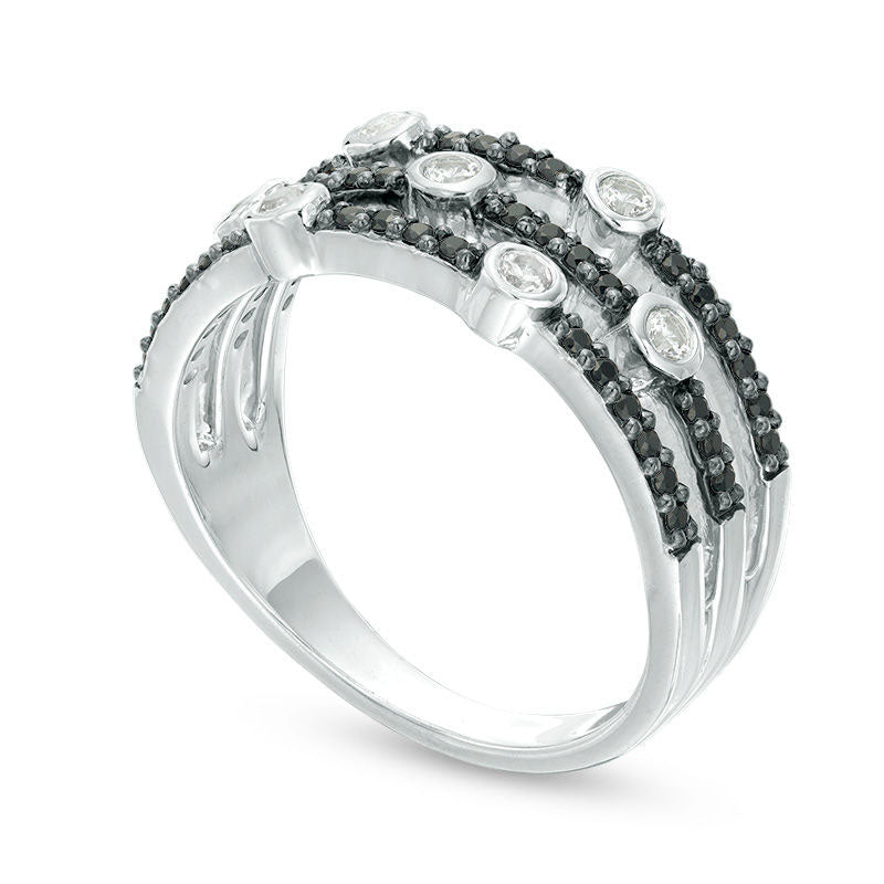 0.38 CT. T.W. Enhanced Black and White Natural Diamond Bezel-Set Station Multi-Row Stacked Ring in Solid 10K White Gold