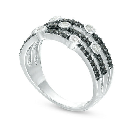 0.38 CT. T.W. Enhanced Black and White Natural Diamond Bezel-Set Station Multi-Row Stacked Ring in Solid 10K White Gold