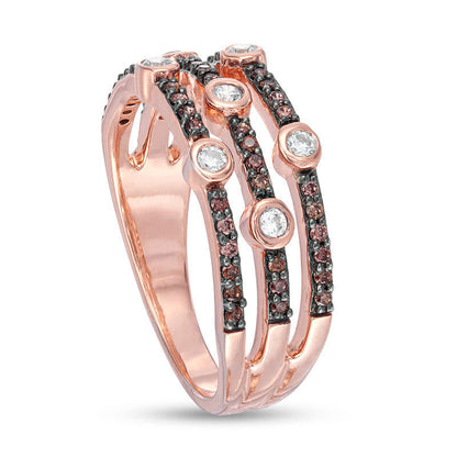0.38 CT. T.W. Champagne and White Natural Diamond Bezel-Set Station Multi-Row Stacked Ring in Solid 10K Rose Gold