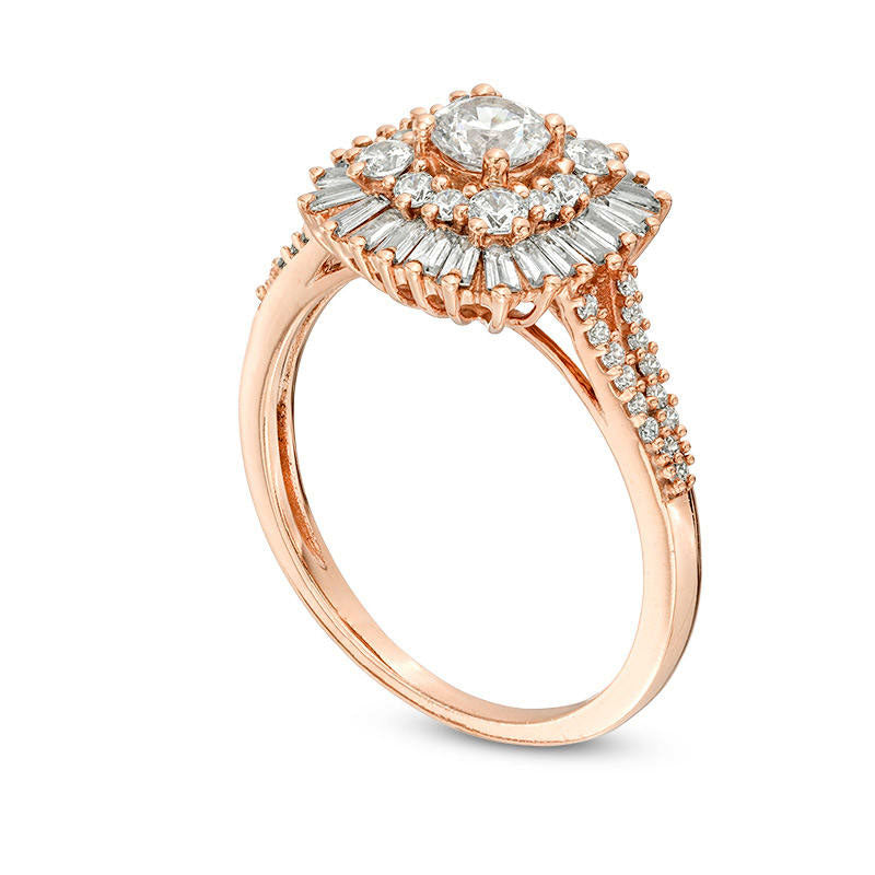1.0 CT. T.W. Baguette and Round Natural Diamond Starburst Frame Ring in Solid 14K Rose Gold