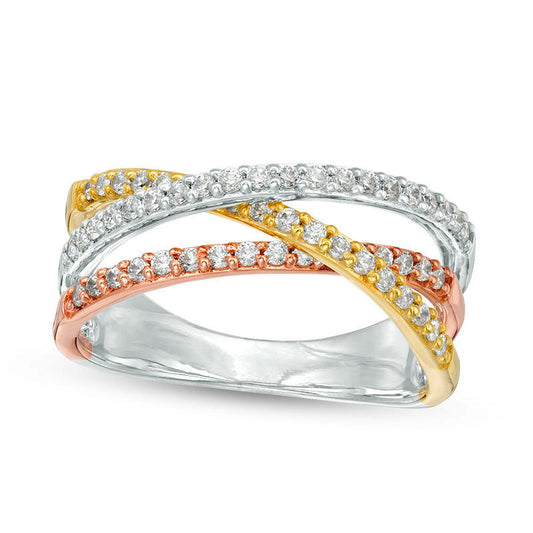 0.38 CT. T.W. Natural Diamond Triple Row Criss-Cross Ring in Solid 10K Tri-Tone Gold