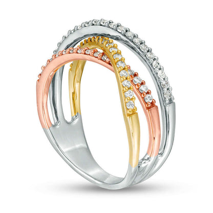 0.38 CT. T.W. Natural Diamond Triple Row Criss-Cross Ring in Solid 10K Tri-Tone Gold