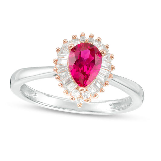 Pear-Shaped Ruby and 0.20 CT. T.W. Natural Diamond Sunburst Frame Ring in Solid 10K White Gold and Rose Rhodium