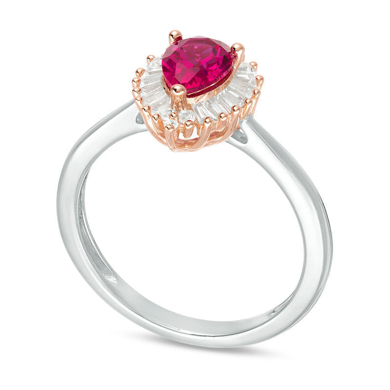 Pear-Shaped Ruby and 0.20 CT. T.W. Natural Diamond Sunburst Frame Ring in Solid 10K White Gold and Rose Rhodium