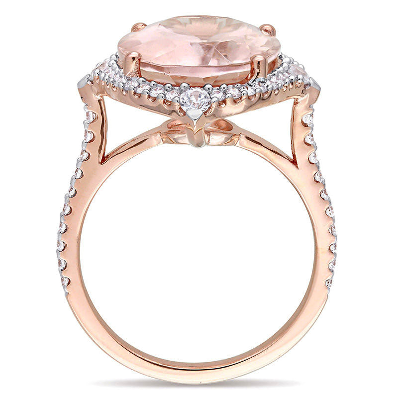 Oval Morganite, White Sapphire and 0.38 CT. T.W. Natural Diamond Ornate Frame Ring in Solid 14K Rose Gold