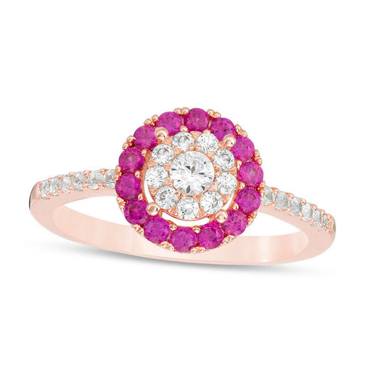 Lab-Created Ruby and White Sapphire Double Frame Ring in Sterling Silver with Solid 14K Rose Gold Plate