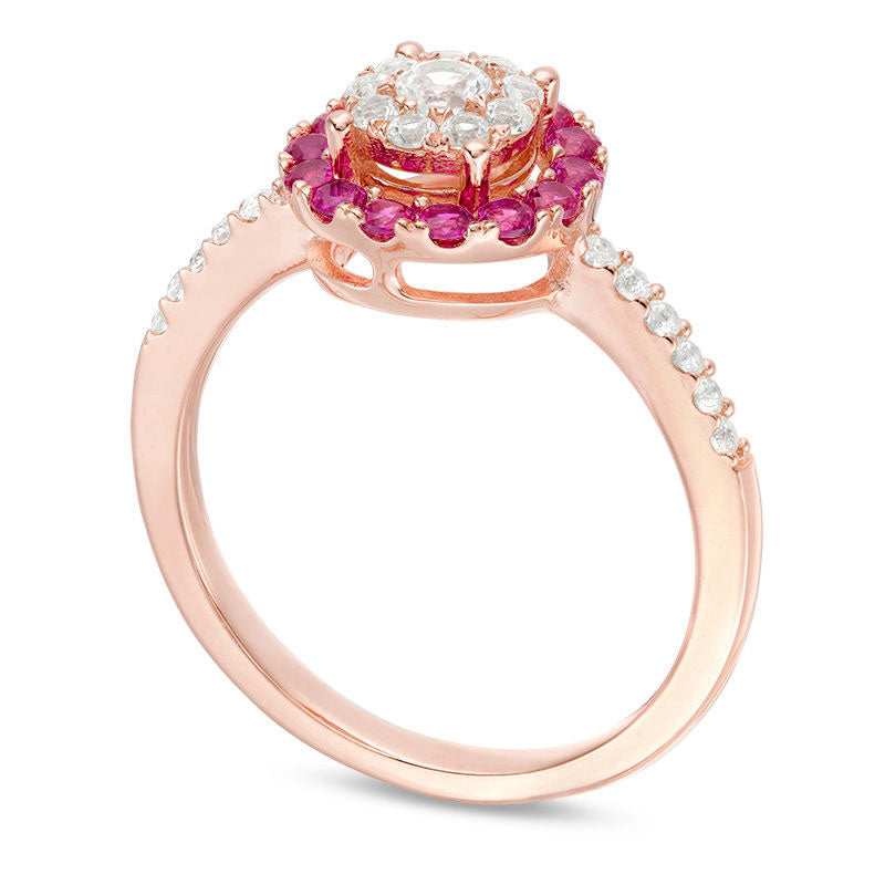 Lab-Created Ruby and White Sapphire Double Frame Ring in Sterling Silver with Solid 14K Rose Gold Plate