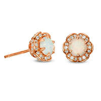 5.0mm Lab-Created Opal and White Sapphire Flower Frame Stud Earrings in Sterling Silver with 14K Rose Gold Plate