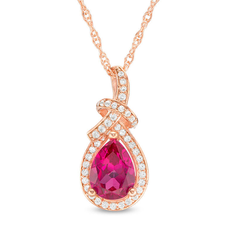 Pear-Shaped Ruby and 0.17 CT. T.W. Natural Diamond Frame Loop Knot Pendant in 10K Rose Gold