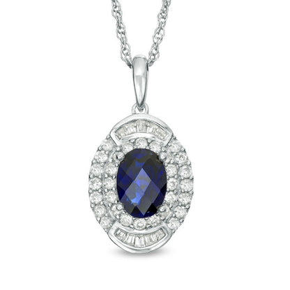Oval Blue Sapphire and 0.33 CT. T.W. Natural Diamond Double Frame Pendant in 10K White Gold