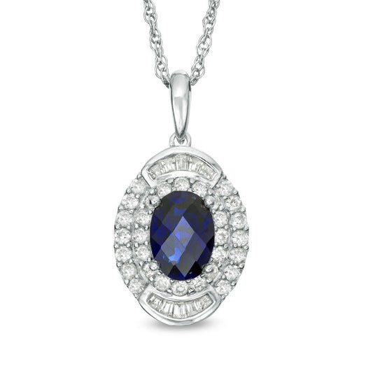 Oval Blue Sapphire and 0.33 CT. T.W. Natural Diamond Double Frame Pendant in 10K White Gold