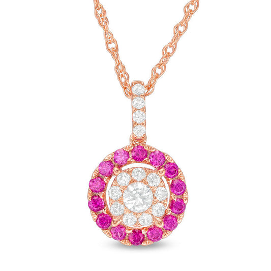 Lab-Created Ruby and White Sapphire Double Frame Pendant in Sterling Silver with 14K Rose Gold Plate