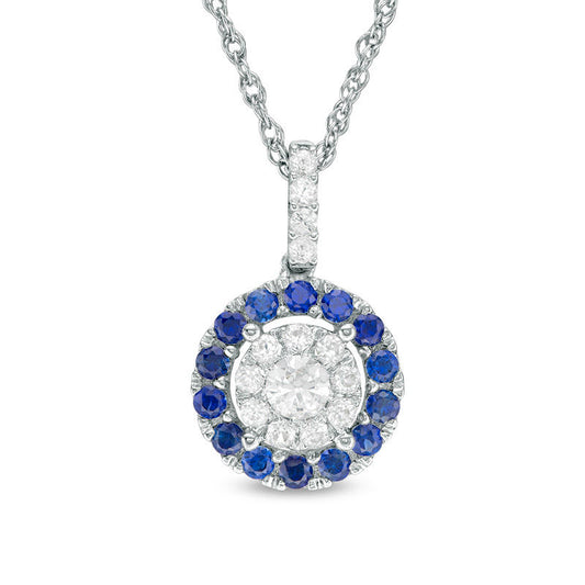 Lab-Created Blue and White Sapphire Double Frame Pendant in Sterling Silver