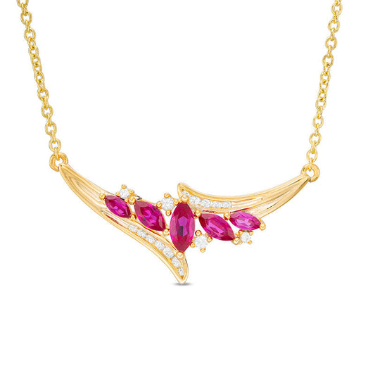 Marquise Lab-Created Ruby and White Sapphire Five Stone Bypass Necklace in Sterling Silver with 14K Gold Plate - 15.75"