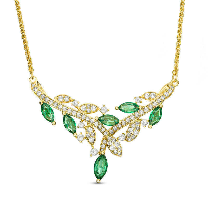 Marquise Lab-Created Emerald and White Sapphire Vine V-Necklace in Sterling Silver with 14K Gold Plate - 15.75"