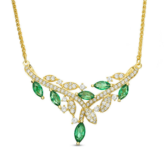 Marquise Lab-Created Emerald and White Sapphire Vine V-Necklace in Sterling Silver with 14K Gold Plate - 15.75"