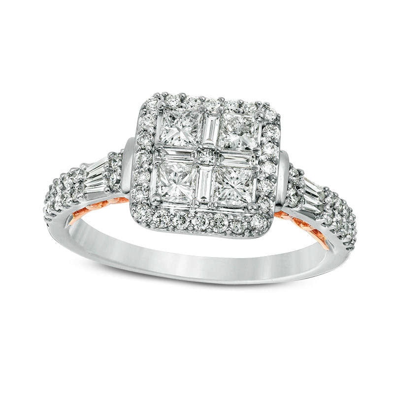 1.0 CT. T.W. Quad Princess-Cut Natural Diamond Frame Collar Engagement Ring in Solid 14K Two-Tone Gold