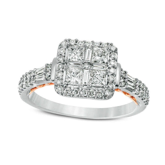 1.0 CT. T.W. Quad Princess-Cut Natural Diamond Frame Collar Engagement Ring in Solid 14K Two-Tone Gold