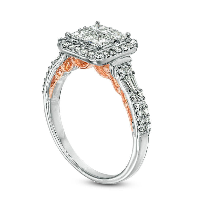 1.0 CT. T.W. Quad Princess-Cut Natural Diamond Frame Collar Engagement Ring in Solid 14K Two-Tone Gold