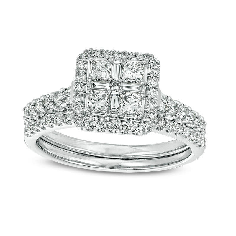 1.0 CT. T.W. Quad Princess-Cut Natural Diamond Frame Collar Bridal Engagement Ring Set in Solid 14K White Gold