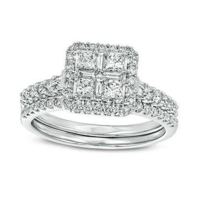1.0 CT. T.W. Quad Princess-Cut Natural Diamond Frame Collar Bridal Engagement Ring Set in Solid 14K White Gold