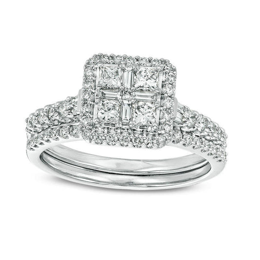 1.0 CT. T.W. Quad Princess-Cut Natural Diamond Frame Collar Bridal Engagement Ring Set in Solid 14K White Gold