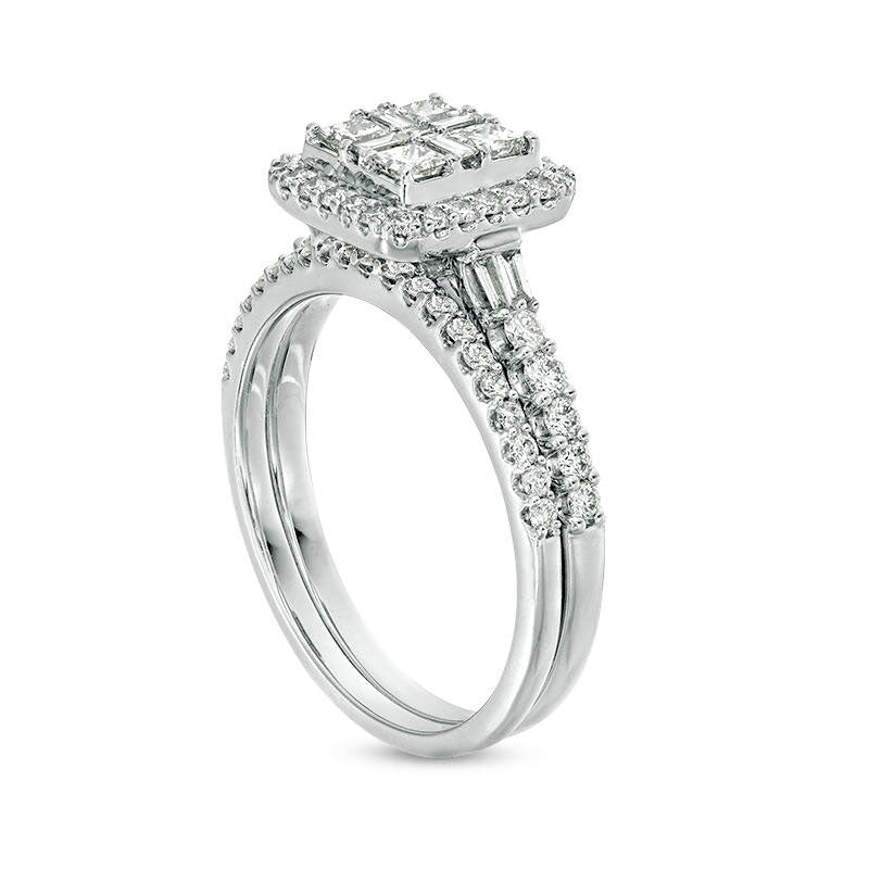 1.0 CT. T.W. Quad Princess-Cut Natural Diamond Frame Collar Bridal Engagement Ring Set in Solid 14K White Gold