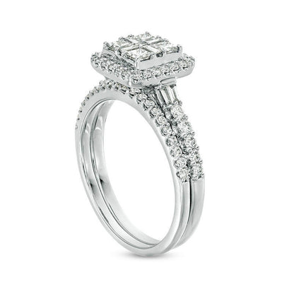 1.0 CT. T.W. Quad Princess-Cut Natural Diamond Frame Collar Bridal Engagement Ring Set in Solid 14K White Gold