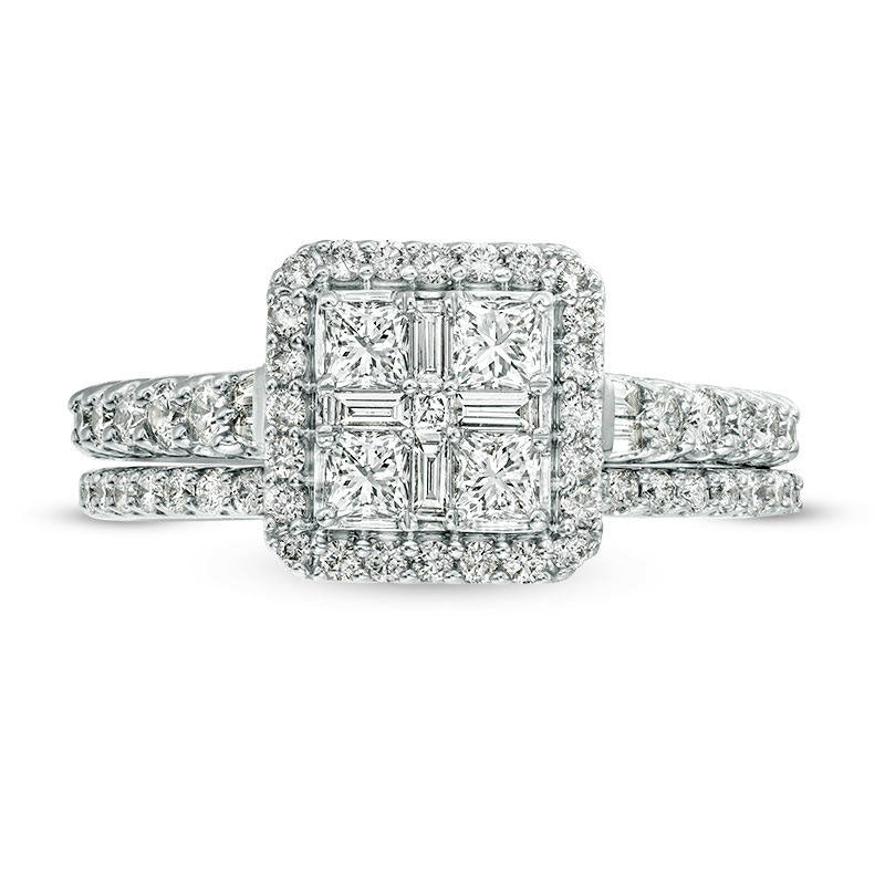 1.0 CT. T.W. Quad Princess-Cut Natural Diamond Frame Collar Bridal Engagement Ring Set in Solid 14K White Gold