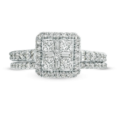 1.0 CT. T.W. Quad Princess-Cut Natural Diamond Frame Collar Bridal Engagement Ring Set in Solid 14K White Gold