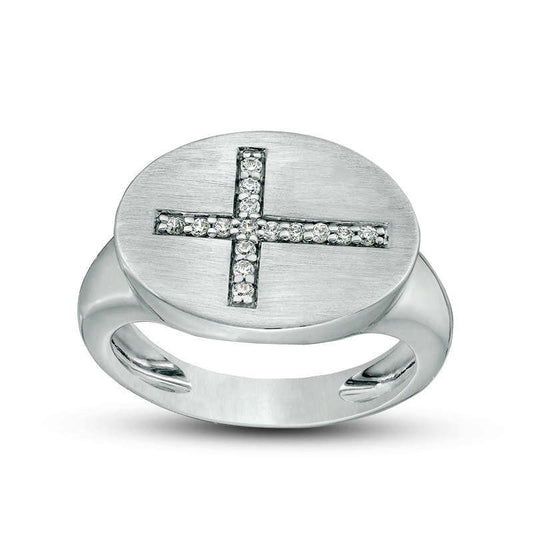 0.10 CT. T.W. Natural Diamond Sideways Cross Oval Signet Ring in Solid 10K White Gold