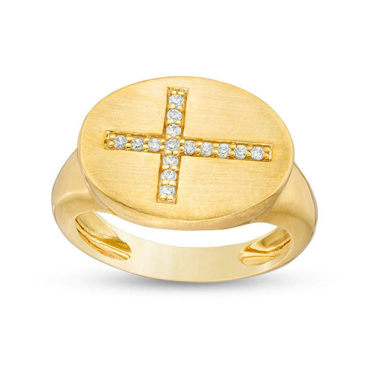 0.10 CT. T.W. Natural Diamond Sideways Cross Oval Signet Ring in Solid 10K Yellow Gold