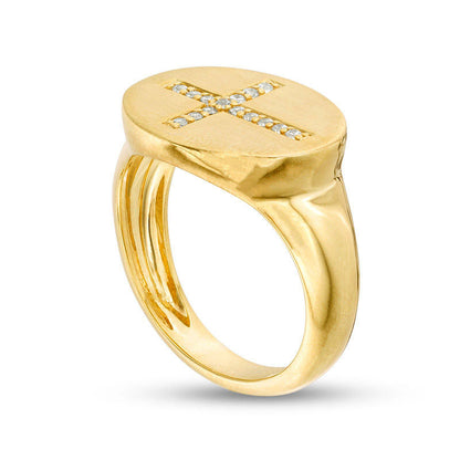 0.10 CT. T.W. Natural Diamond Sideways Cross Oval Signet Ring in Solid 10K Yellow Gold