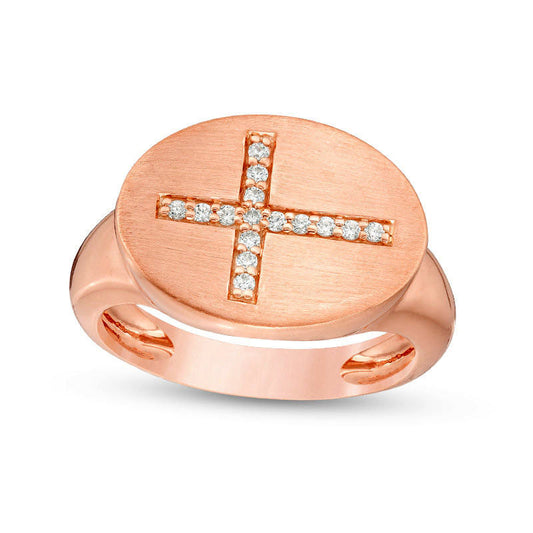 0.10 CT. T.W. Natural Diamond Sideways Cross Oval Signet Ring in Solid 10K Rose Gold