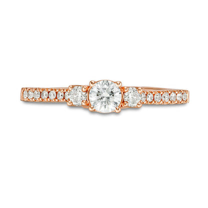 0.50 CT. T.W. Certified Natural Diamond Three Stone Engagement Ring in Solid 14K Rose Gold (I/I1)