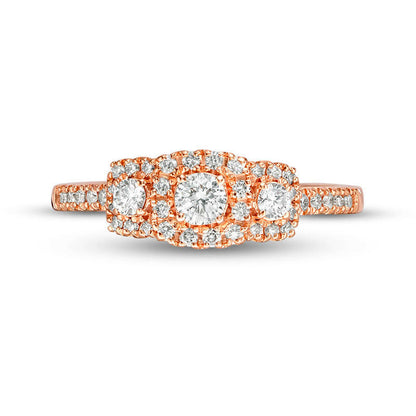 0.50 CT. T.W. Certified Natural Diamond Three Stone Cushion Frame Engagement Ring in Solid 14K Rose Gold (I/I1)